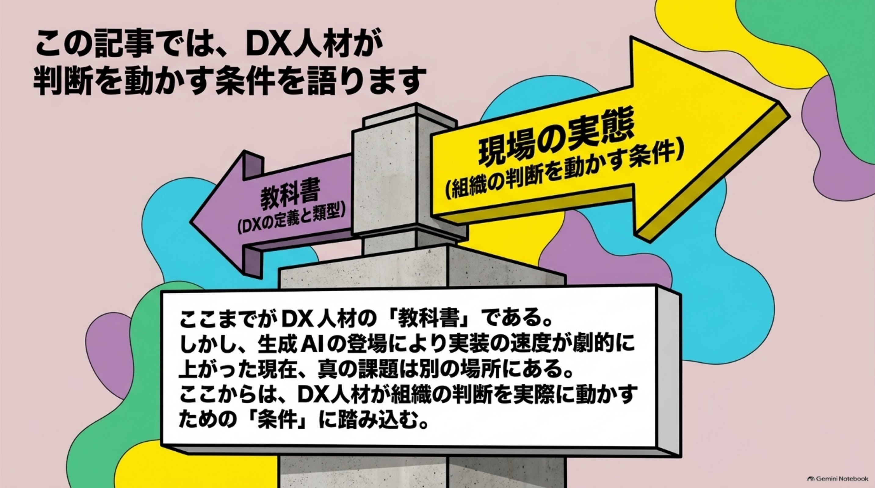 「この記事では、DX人材が判断を動かす条件を語ります」を図解したスライド｜ここまでがDX人材の教科書です