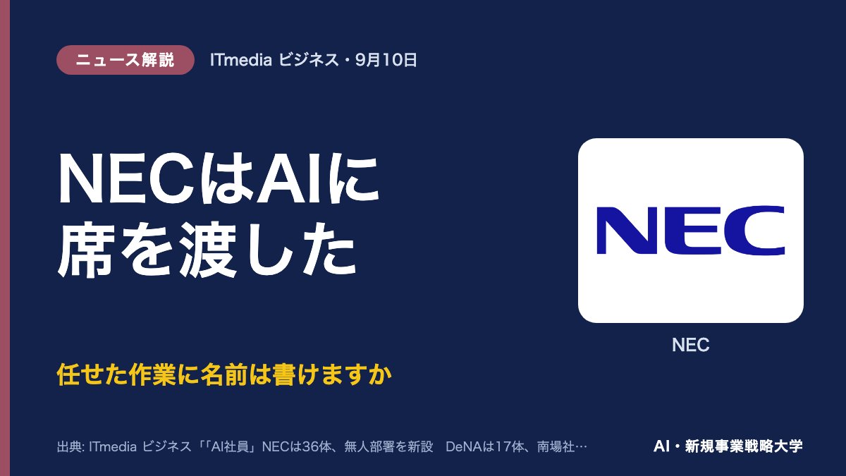 NECのAI社員を解説したARCHECOの図。見出しは「NECはAIに席を渡した」、問いは「任せた作業に名前は書けますか」