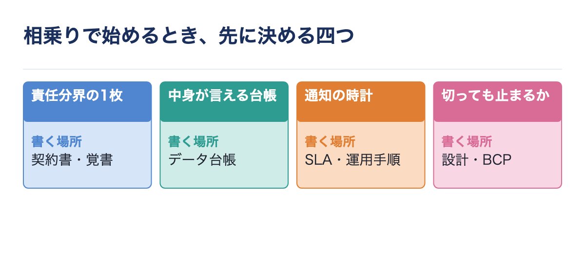 相乗りで始めるとき先に決める四つ。責任分界の1枚、中身が言える台帳、通知の時計、切っても止まるか