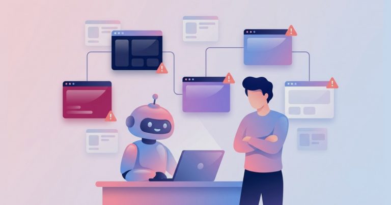 AIロボットがノートパソコンで作業し、人間が腕を組んでワークフローの警告マークを点検している様子を描いたフラットイラスト