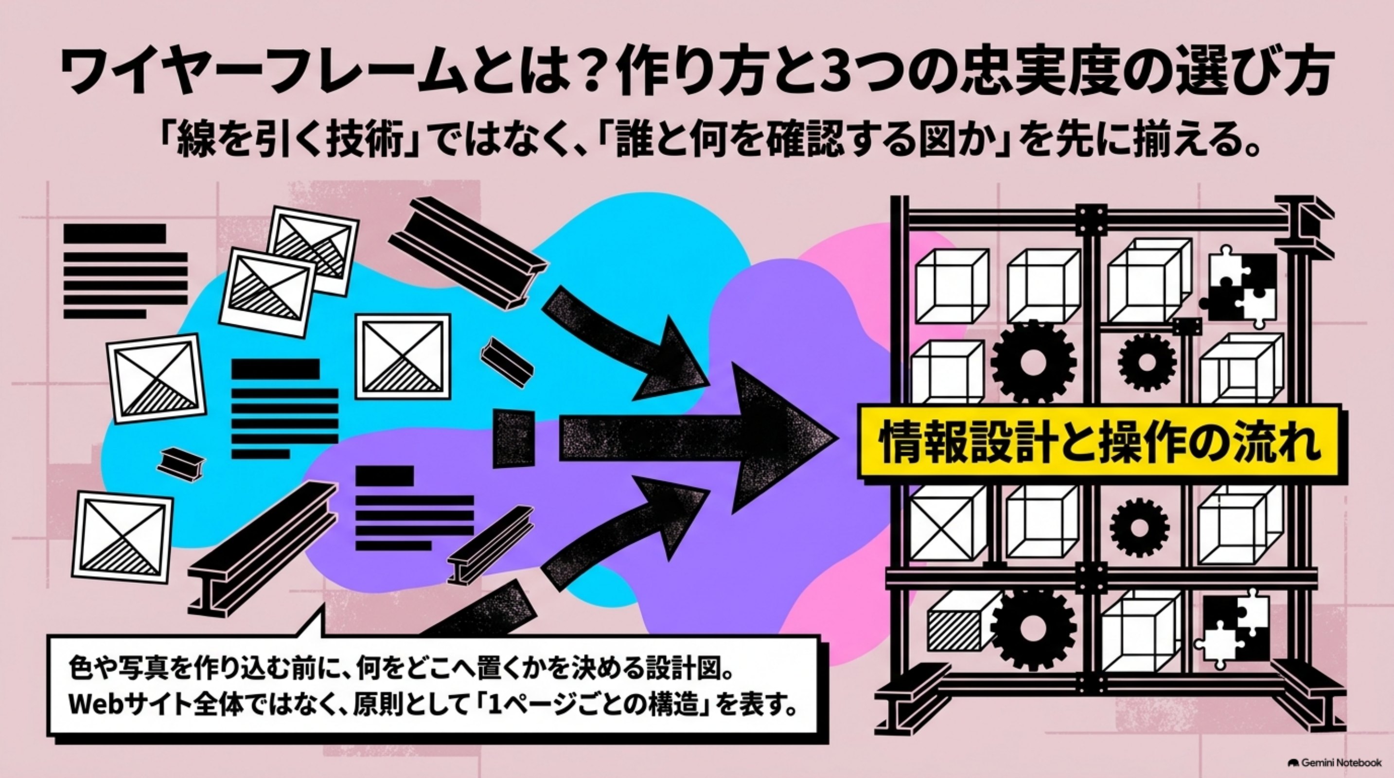 「ワイヤーフレームとは？作り方と3つの忠実度の選び方」の全体像をまとめた図解｜ワイヤーフレームとは、Webページの情報と配置を示す「設計図」です