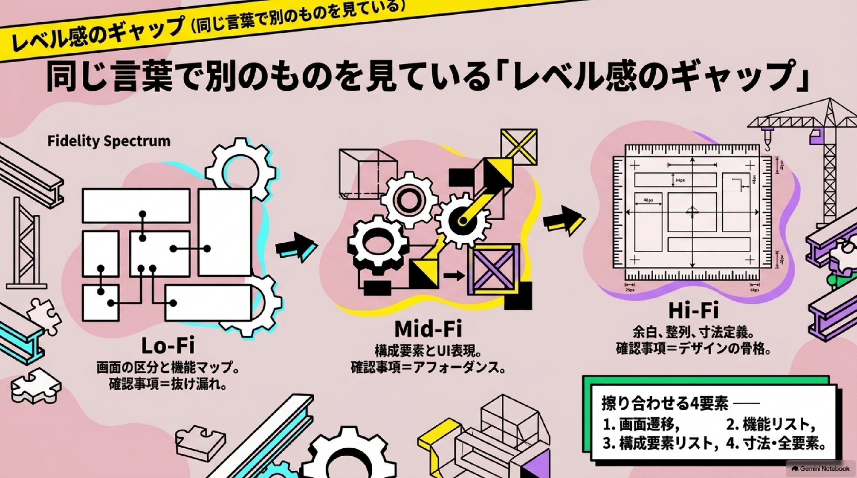 「レベル感のギャップ——同じ言葉で別のものを見ている」を図解したスライド｜私たちが運用するUI設計の研修教材では、ワイヤーフレームを3段階に分けます