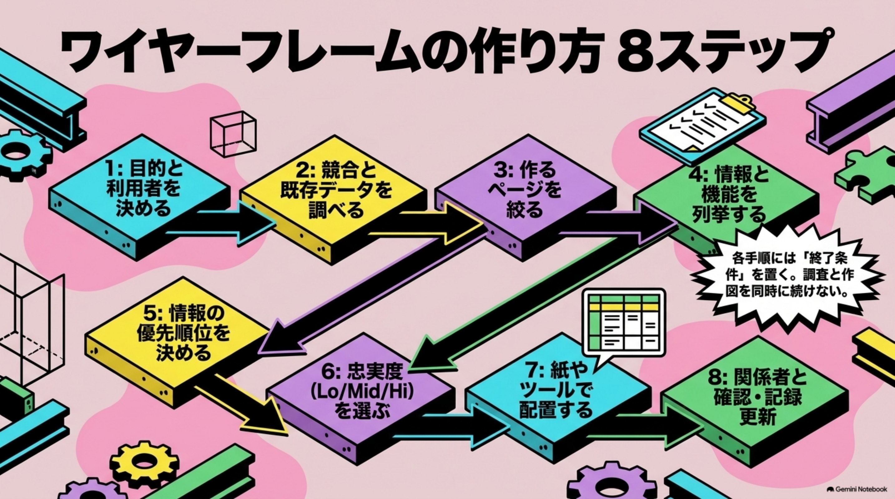 「ワイヤーフレームの作り方」を図解したスライド｜作り方は、目的の明確化からレビューまで順に進めます