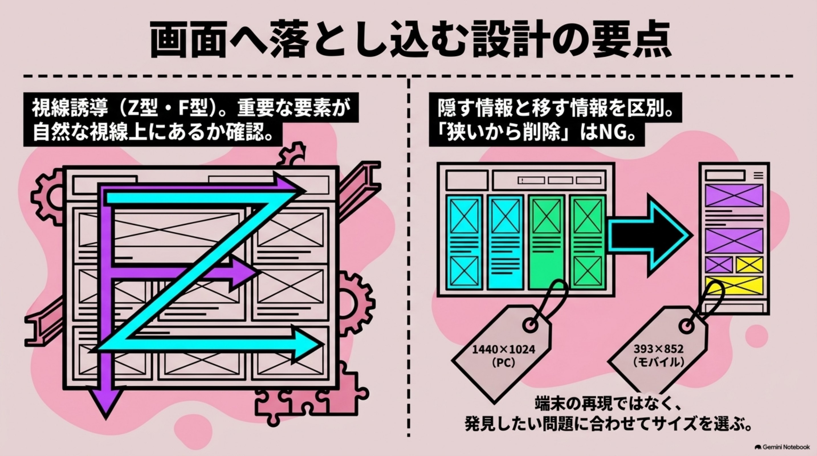 「画面へ落とし込む設計の要点」を図解したスライド｜一般的なページは、ヘッダー、グローバルナビ、メインビジュアル、本文、CTA、フッターで構成されます