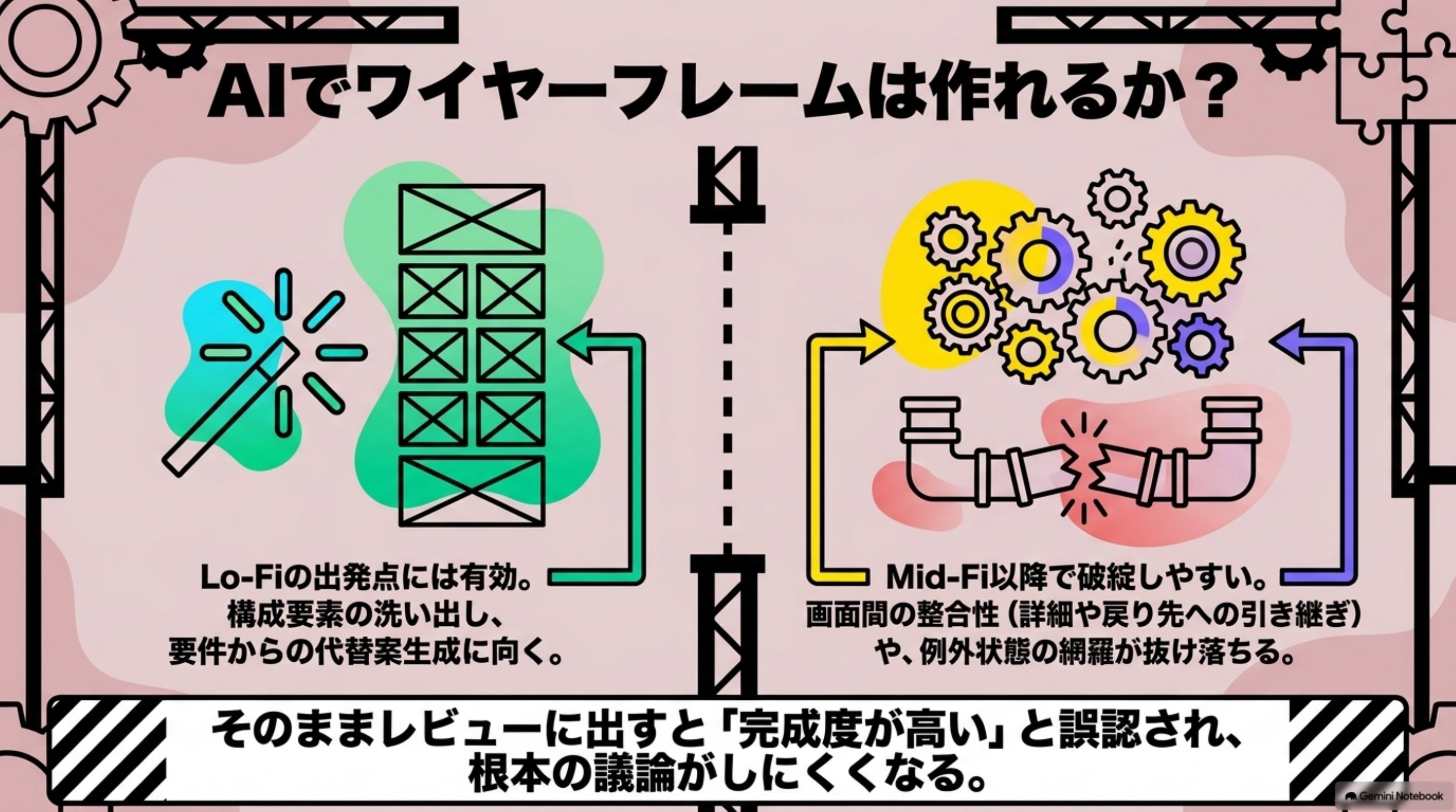 「AIでワイヤーフレームは作れるか」を図解したスライド｜AIを使えば、文章による要件から画面のたたき台を生成できます