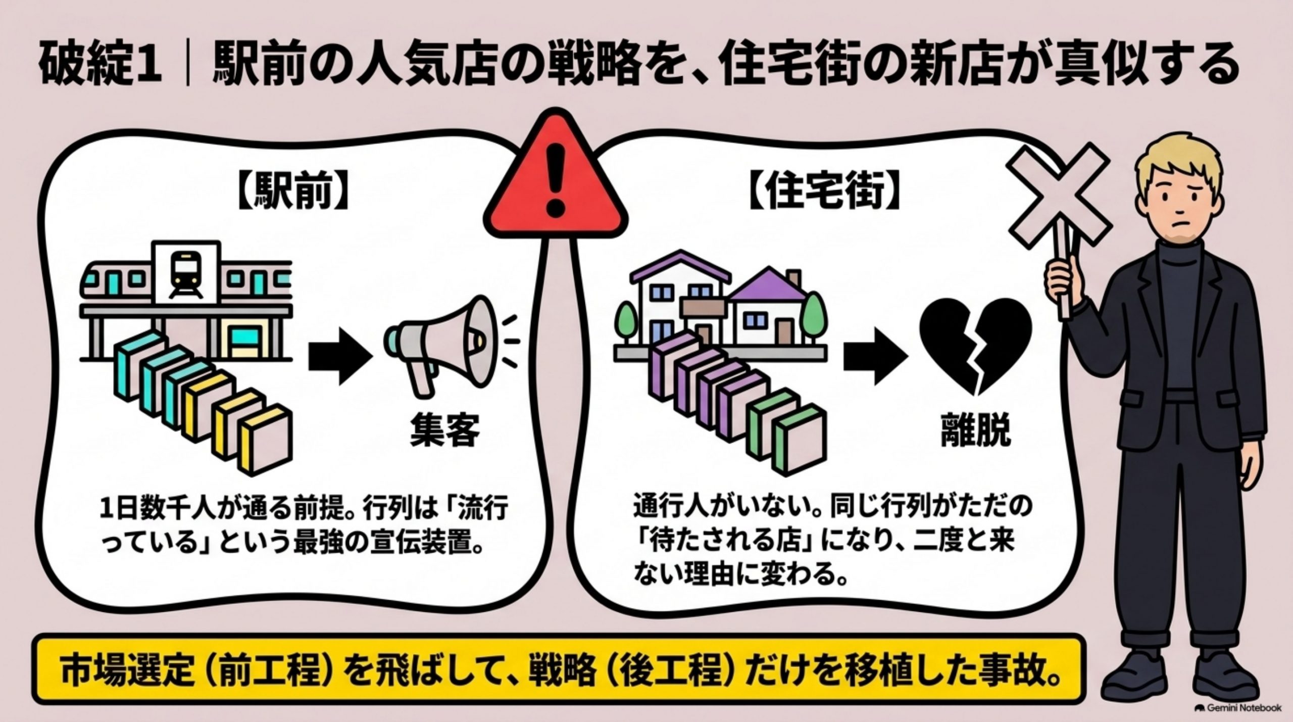 破綻1：駅前の行列は宣伝装置、住宅街では離脱理由に変わる