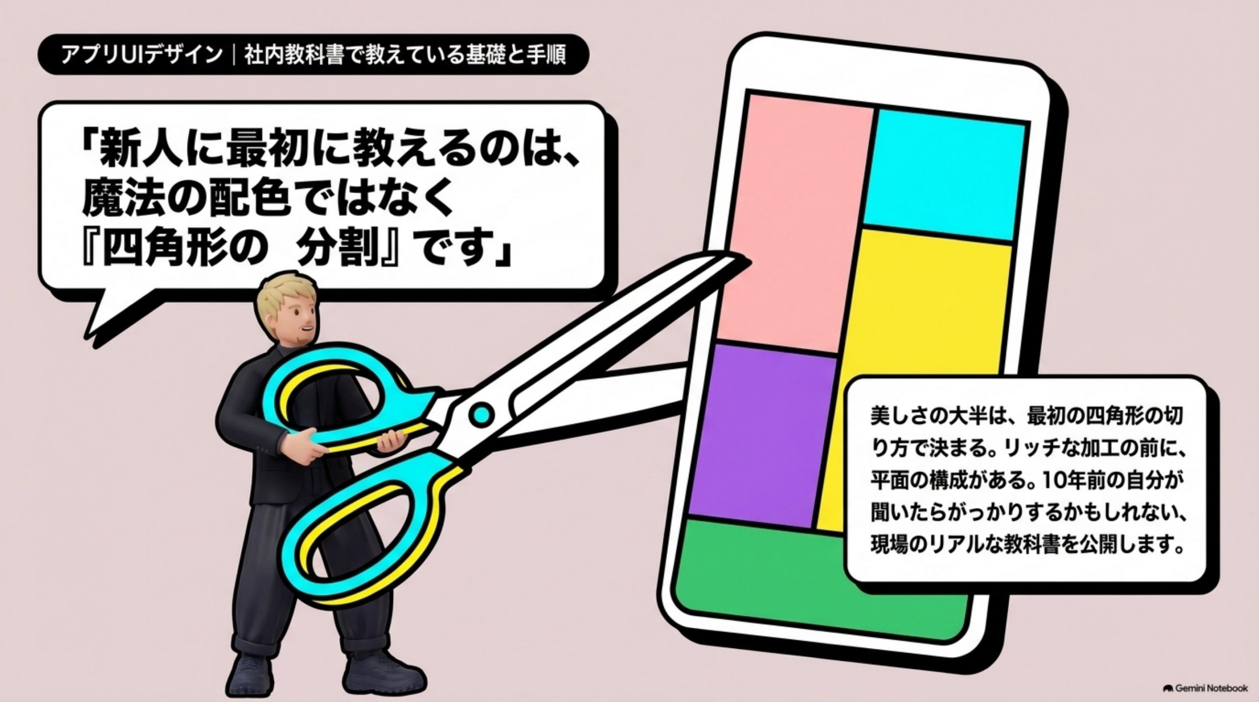 「アプリUIデザイン｜社内教科書で教えている基礎と手順」の全体像をまとめた図解｜新人のデザイナーに最初に教えることは何か、と聞かれたら、うちの答えは決まっています