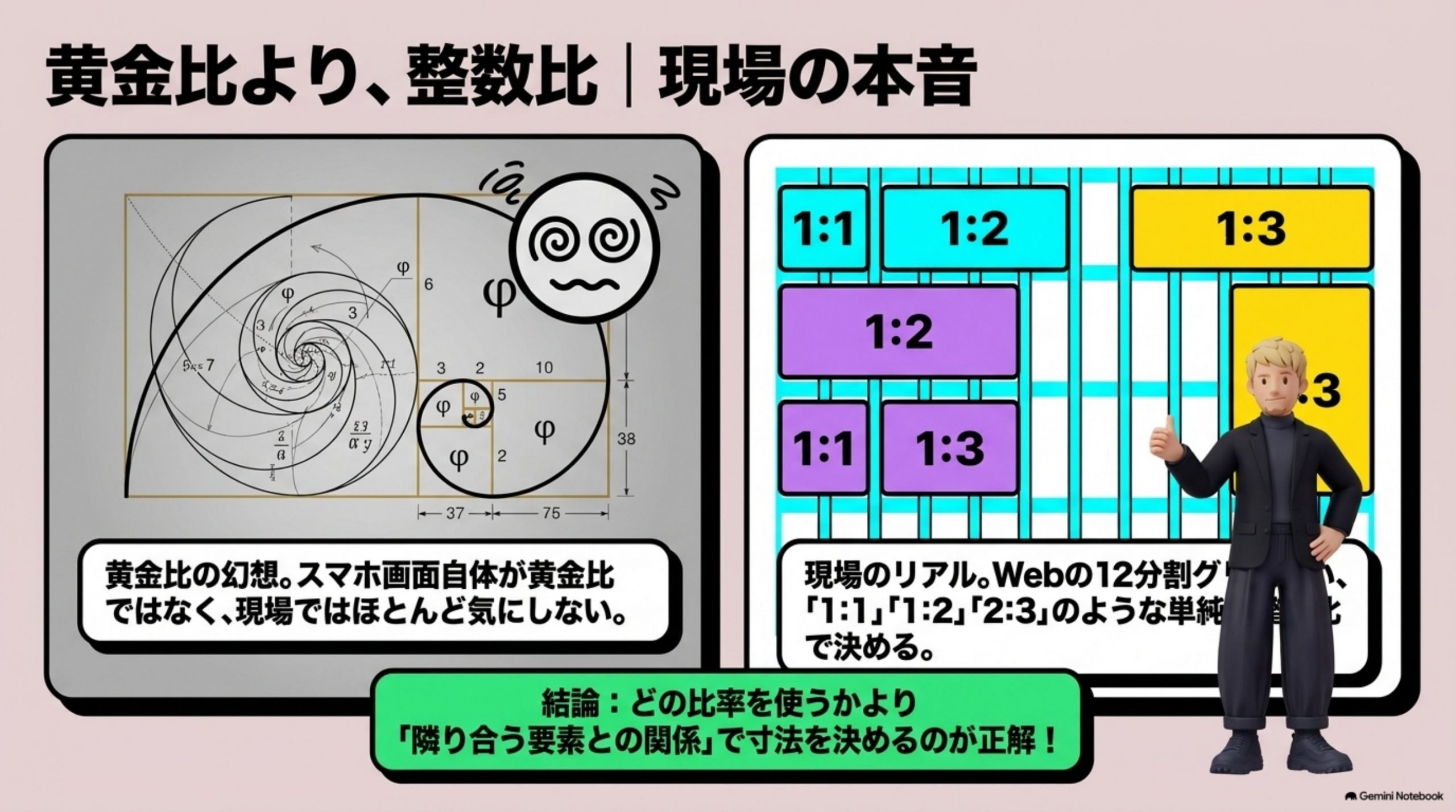 「黄金比より、整数比｜現場の本音」を図解したスライド｜比率と聞くと黄金比を思い浮かべる人が多いのですが、ここは教科書がいちばん率直なページです