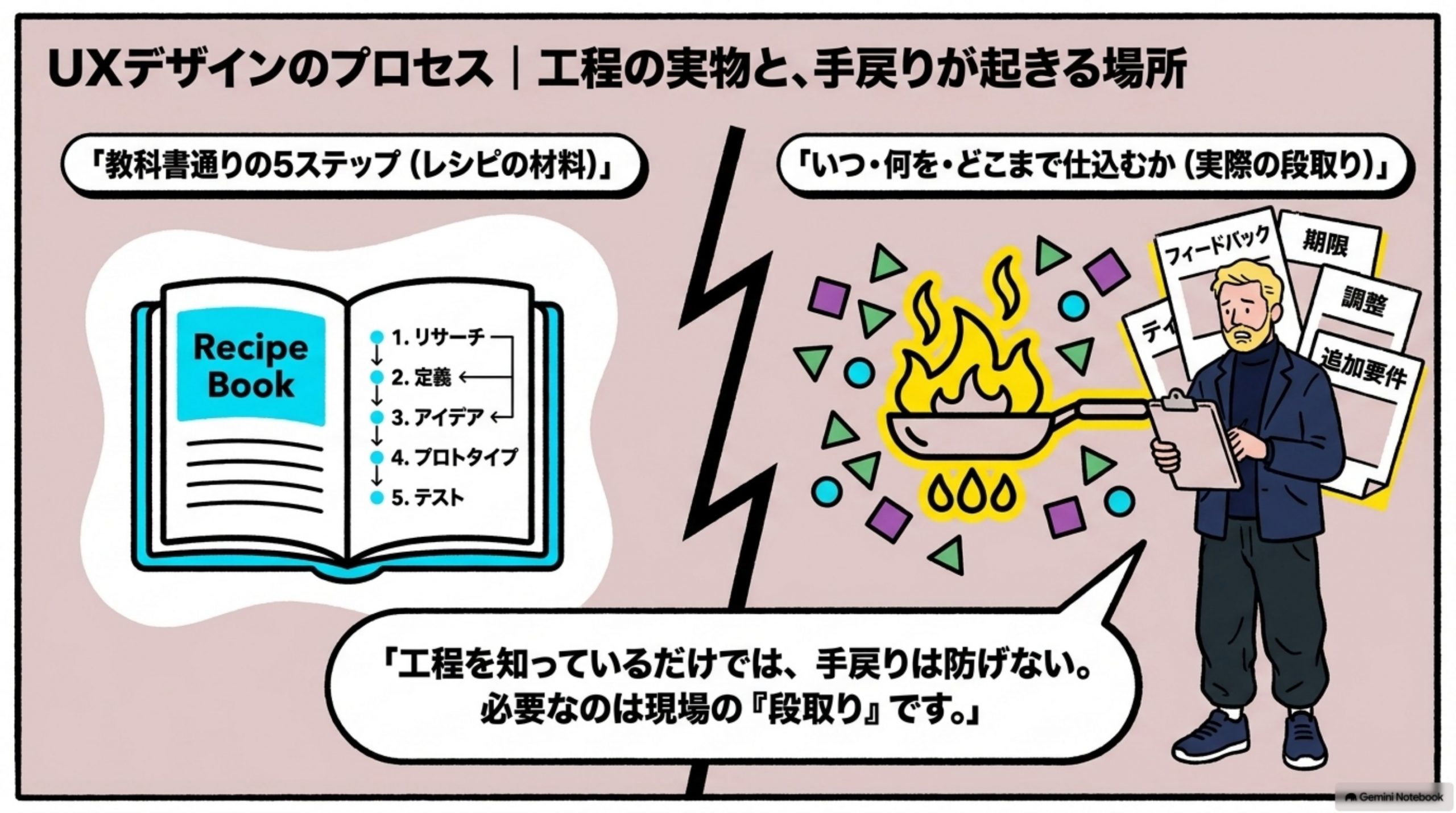 「UXデザインのプロセス｜工程の実物と、手戻りが起きる場所」の全体像をまとめた図解｜料理を始めたころ、レシピどおりに作っているのに段取りだけが悪い、という時期がありました