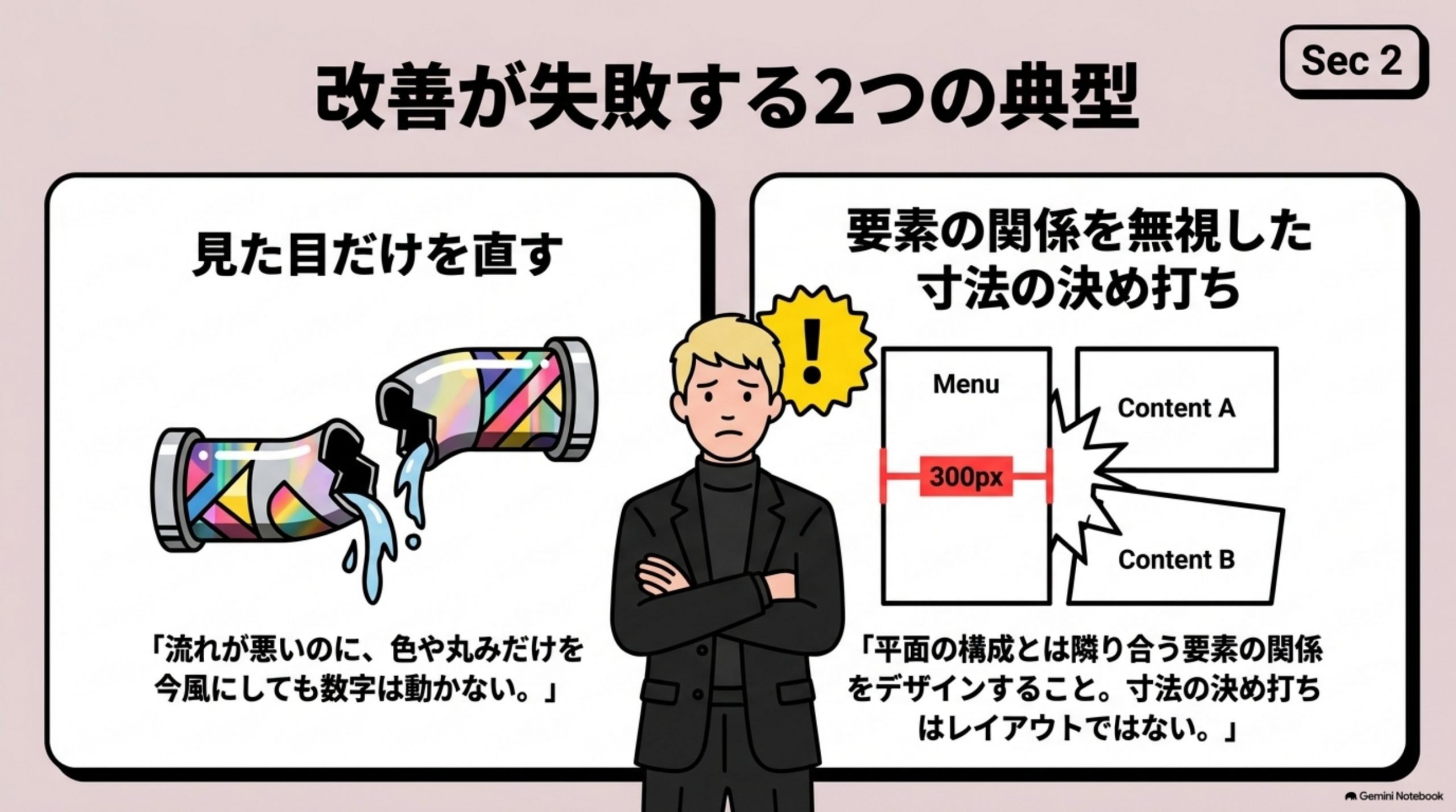 「改善が失敗する2つの典型」を図解したスライド｜改善の依頼は、たいてい「なんか使いにくいと言われる」から始まります