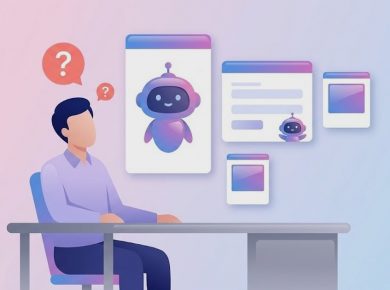 机に座る発注担当者の前に、大きさも形も違う三つの提案画面が浮かび、一つ目は大きなAIロボット、二つ目は隅に小さなロボット、三つ目はロボットなし。担当者の頭上に「？」